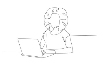 Busy business woman working with laptop. African woman in business concept one-line drawing