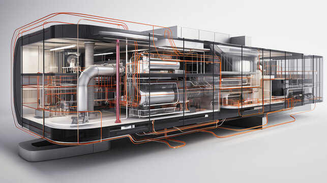 Diagram of a complex industrial system with transparent casing, showcasing internal machinery, pipes, and controls.