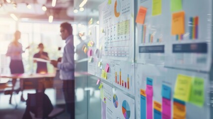 Business meeting, brainstorming session with colorful sticky notes on glass wall.