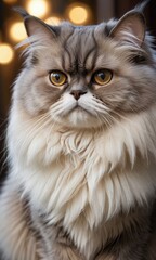 Fototapeta premium Closeup of a Fluffy White and Grey Persian Cat with Yellow Eyes