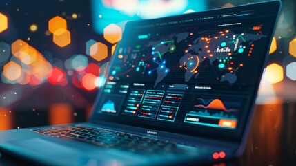 Laptop with World Map and Data Analytics on Screen