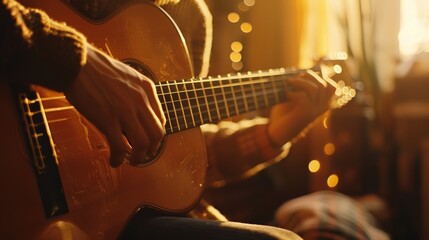 Obraz premium Close-up of hands playing an acoustic guitar with warm lighting. Ideal for music, creativity, and hobby themes.