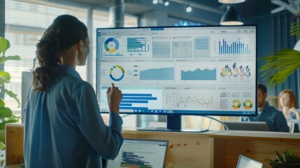 Businesswoman analyzing data on computer screen.