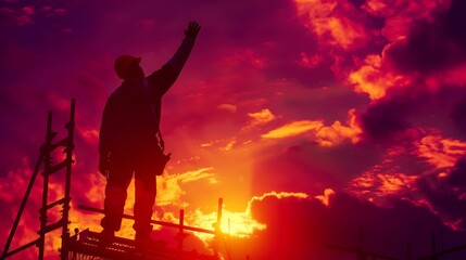 Obraz premium Construction worker silhouette at sunset.