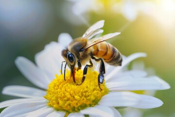 A hardworking bee collects nectar on a flower. Beekeeping development concept.
