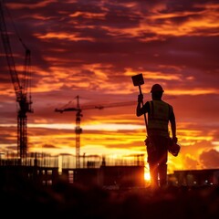 Fototapeta premium Construction worker silhouette with sunset and crane.