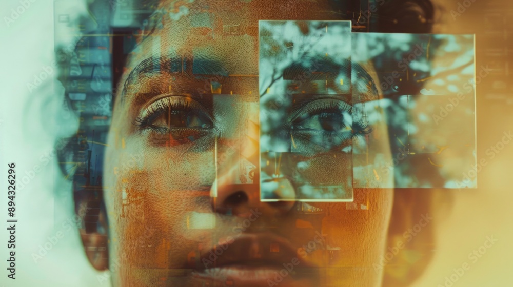 Poster abstract artistic concept of a human face and technology overlap, showing connection between nature 