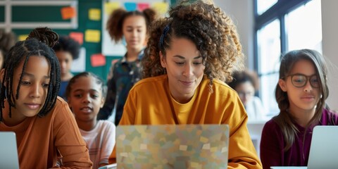 Obraz premium Teacher and students using laptops in classroom