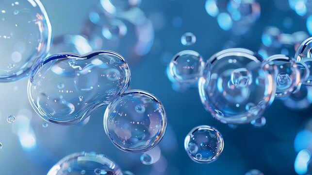3d molecular water bubbles closeup in a science background with transparent spheres and chemical bonds, ideal for chemistry wallpaper, educational illustrations, and scientific visualizations