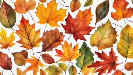 A watercolor autumn leaves clustered together, different shapes and colors, maple oak and birch leaves, isolated on white background