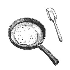Vector hand-drawn illustration of the tortilla roasting process in the style of an engraving. The sketch of a disk of dough fried in a frying pan and a spatula are isolated on a white background.