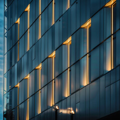 Lights illuminate the sleek facade of a contemporary building.
