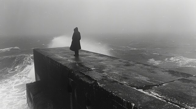 Solitary figure standing on a pier in stark lighting, with waves crashing. Evokes solitude, contemplation, and dramatic coastal scenes.
