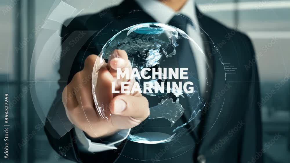 Poster professional in suit with holographic globe overlay emphasizing machine learning in dark office sett