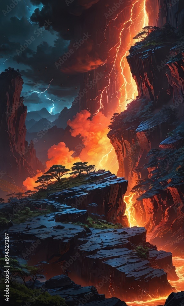 Canvas Prints volcano eruption with lightning storm.