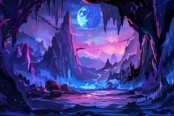 Obraz premium Mystical alien landscape with vibrant colors and a blue moon
