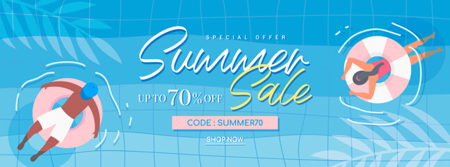 Summer sale banner vector illustration. Friends having fun in the pool