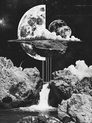 Surreal landscape collage featuring moons, rocky terrains, and a cascading waterfall. Ideal for fantasy art, science fiction projects, and surrealistic designs