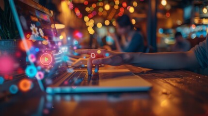 Fototapeta premium Person Using Laptop With Colorful Lights.