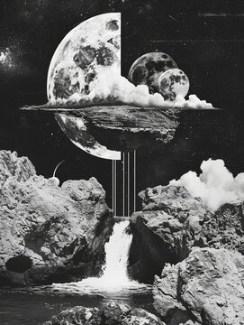 Surreal landscape collage featuring moons, rocky terrains, and a cascading waterfall. Ideal for fantasy art, science fiction projects, and surrealistic designs