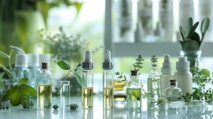 Healthcare r&d concept featuring organic plant extracts for natural skincare, pharmaceutical cosmetics, and scientific experiments in a modern lab