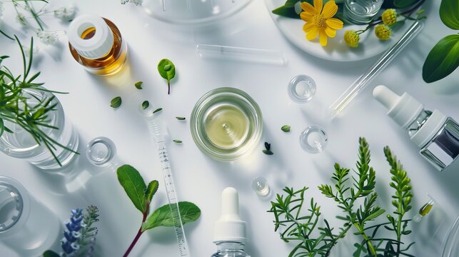Healthcare r&d concept featuring organic plant extracts for natural skincare, pharmaceutical cosmetics, and scientific experiments in a modern lab