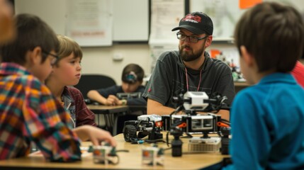 Teacher and students working on robots in a classroom.