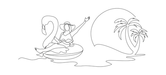Continuous single line sketch drawing beach vacation summer travel woman with swimming pool inflatable flamingo float toy beach coconut palm tree and umbrella parasol sunshade vector illustration