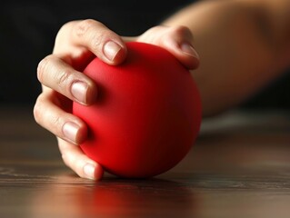 Close-up of a hand squeezing a bright red stress ball for tension relief. Relaxation, therapy, stress management.