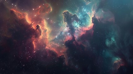Fototapeta premium Colorful nebula gas cloud illuminating deep outer space with vibrant stellar gases and cosmic dust - stunning astronomical phenomenon in the universe