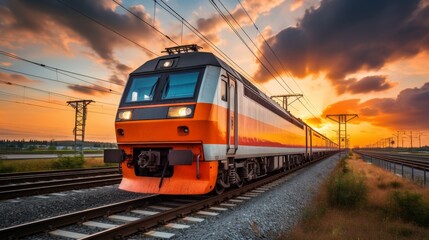 Obraz premium Cargo train with container moving on railroad track, transportation of goods on train