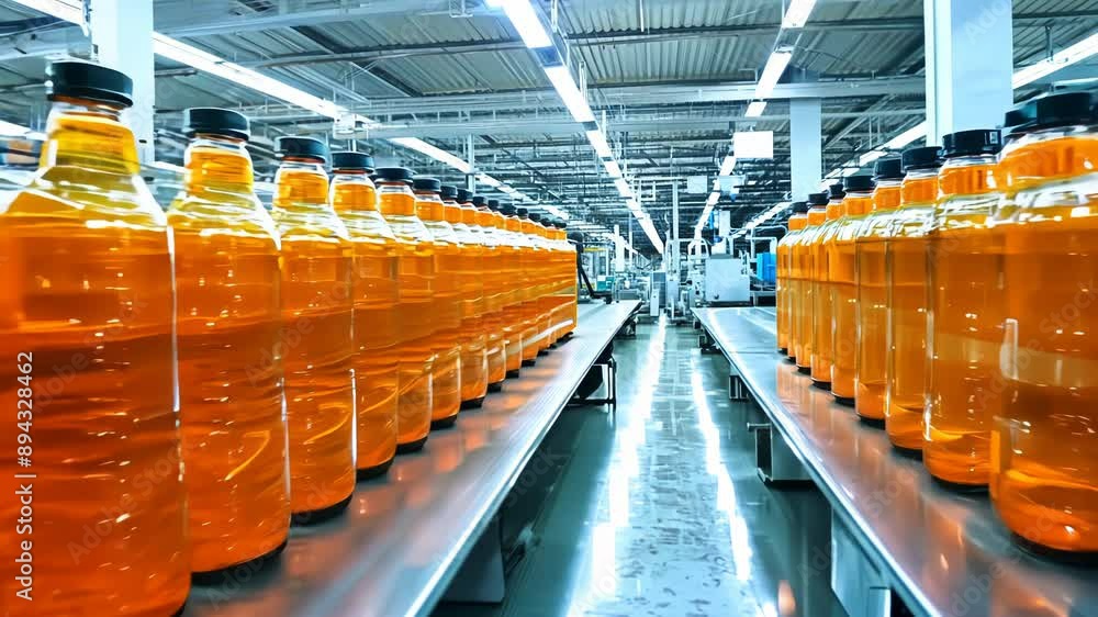 Poster orange bottles on automated production line in bright factory