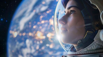 Woman wearing a helmet looking at Earth from space
