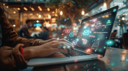Woman working on laptop with social media icons.