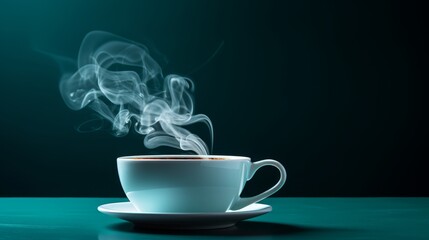 Inviting ambiance  white coffee cup steaming on teal background, emanating warmth and relaxation