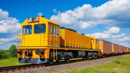 Obraz premium Cargo train transporting container on railway track, industrial transportation scene