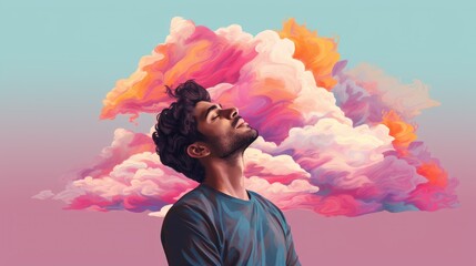 man relaxing in a colorful cloud mental health concept