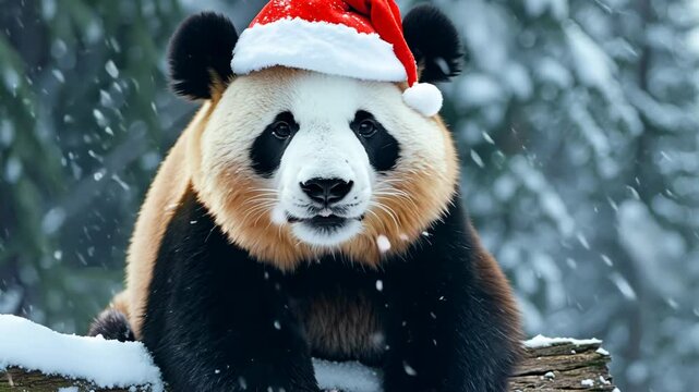 Cute panda wearing Santa hat with festive Christmas background