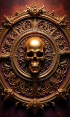 Fototapeta premium Golden Skull in Ornate Frame.