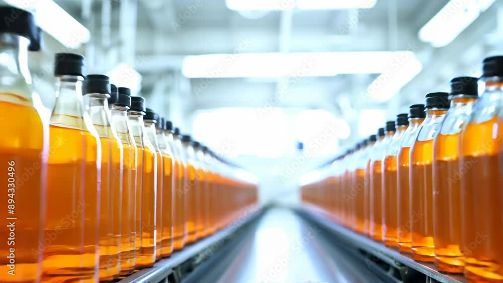 Poster orange bottles on automated production line in bright factory