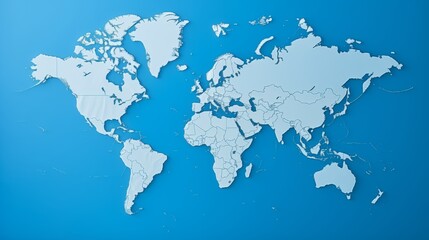 Blank world map with flat continents on blue background for educational purposes