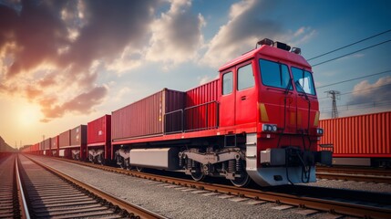 Fototapeta premium Cargo train with container on top traveling on railway tracks, freight transportation concept