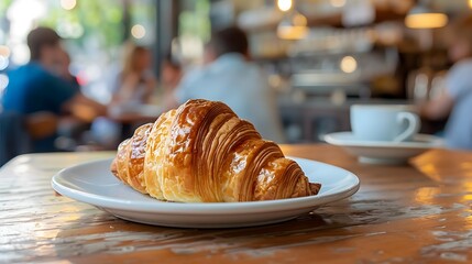 a charming and appetizing photograph of a fresh croissant on a plate in a quintessential French caf&eacute;, with people in the background softly blurred to create a lively atmosphere