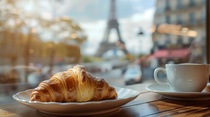 a charming and appetizing photograph of a fresh croissant on a plate in a quintessential French café, with the iconic Eiffel Tower softly blurred in the background