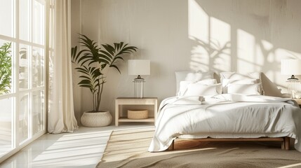 Bright room featuring large bed and table