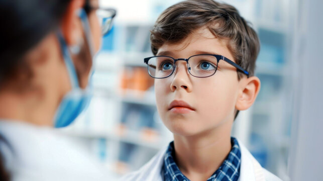 World Sight Day. A child at an ophthalmologist's appointment. Boy with glasses with a doctor. Problems of blindness and visual impairment, prevention of eye diseases. Eyesight check. Oftalmology Day