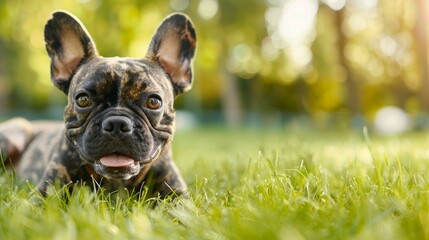 Cute French Bulldog Puppy Looking At Camera  In Green Grass