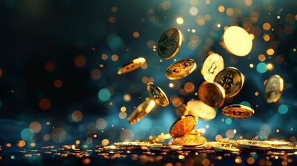 Golden Coins Falling on Dark Background with Bokeh Lights