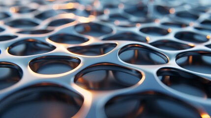 Obraz premium A 3D render of a metallic surface with intricate patterns, reflecting a futuristic cityscape