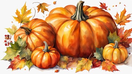 A watercolor pumpkins of various sizes and shapes with scattered autumn leaves, isolated on white background